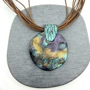 Purple Turquoise & Gold Tone Abstract Disc Pendant Brown Multi Cord Statement